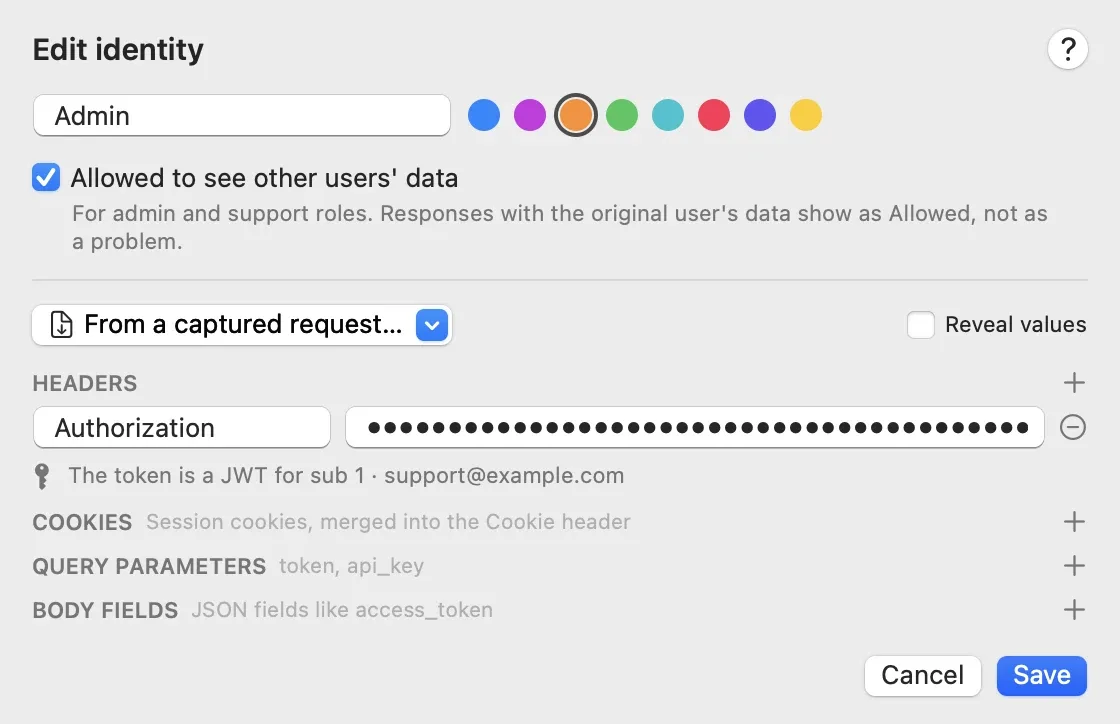 The Edit identity sheet for an identity named Admin: a row of color swatches with orange selected, a checked Allowed to see other users' data option, a From a captured request menu, a Reveal values checkbox, a Headers section with a masked Authorization value and the note The token is a JWT for sub 1 · support@example.com, empty Cookies, Query parameters and Body fields sections, and Cancel and Save buttons.