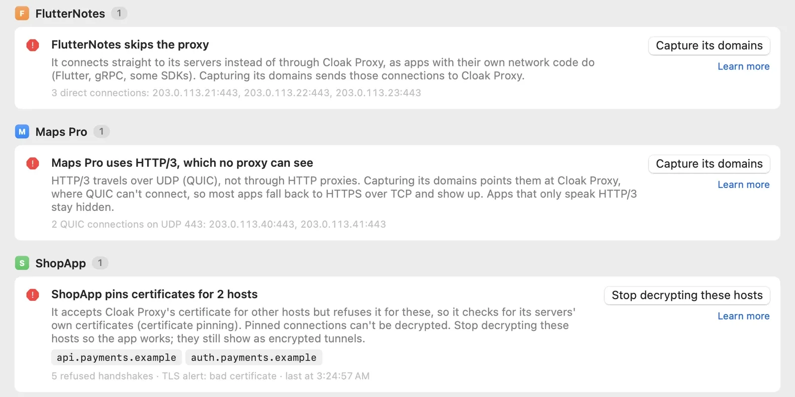 The Doctor window titled Why isn't my traffic showing, listing three problems: FlutterNotes skips the proxy with a Capture its domains button, Maps Pro uses HTTP/3 which no proxy can see, and ShopApp pins certificates for api.payments.example and auth.payments.example with a Stop decrypting these hosts button