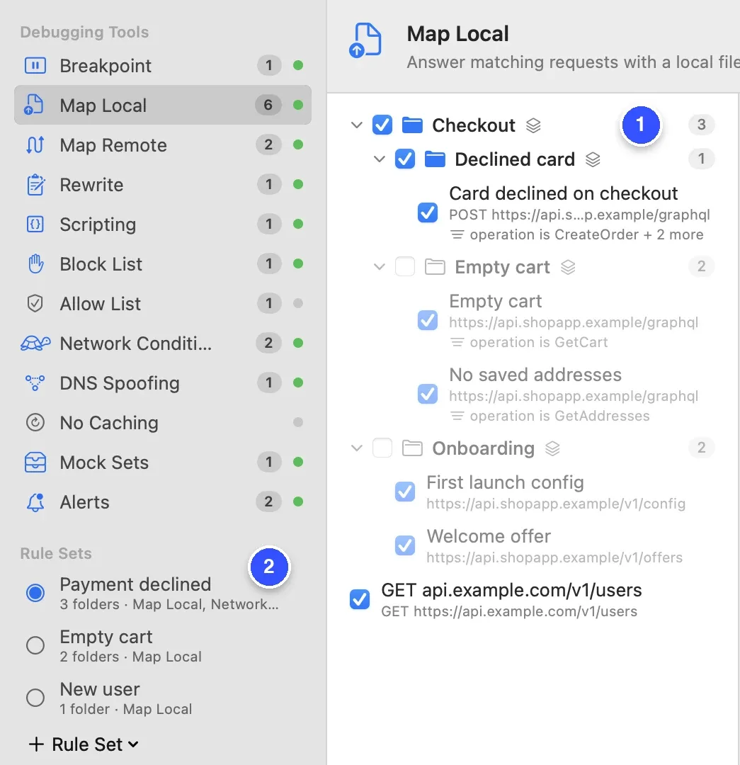 The Debugging Tools window with Map Local selected, a Checkout folder containing a Declined card folder marked 1, other folders Empty cart and Onboarding, and under Rule Sets the active set Payment declined marked 2, with Empty cart and New user below it