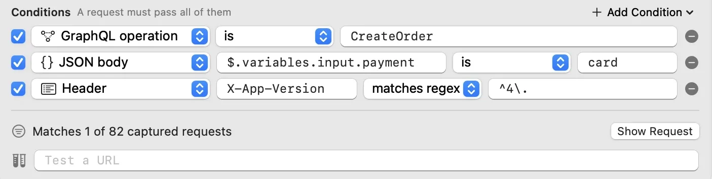 A Map Local rule's Conditions section with three conditions: GraphQL operation is CreateOrder, JSON body $.variables.input.payment is card, and header X-App-Version matches regex ^4\., above a line reading Matches 1 of 82 captured requests