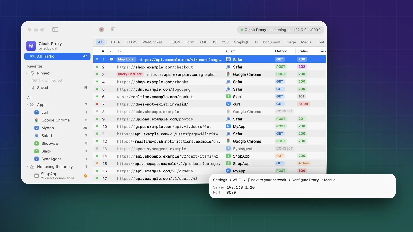 Cloak Proxy's traffic list on a Mac with captured requests to api.example.com, shop.example.com and api.shopapp.example, and a close-up of the iPhone Wi-Fi proxy settings: server 192.168.1.20, port 9090