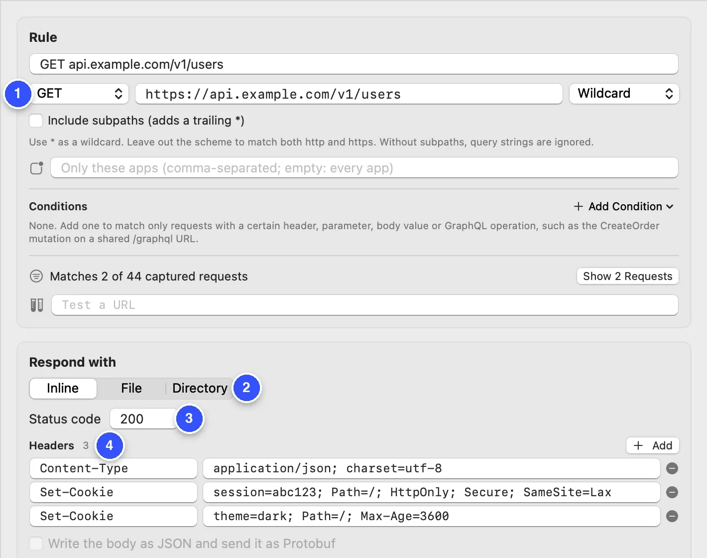 A Map Local rule for GET https://api.example.com/v1/users with four numbered markers: 1 the method and URL matcher, 2 the Inline, File and Directory choice under Respond with, 3 the status code 200, 4 the response headers copied from the capture
