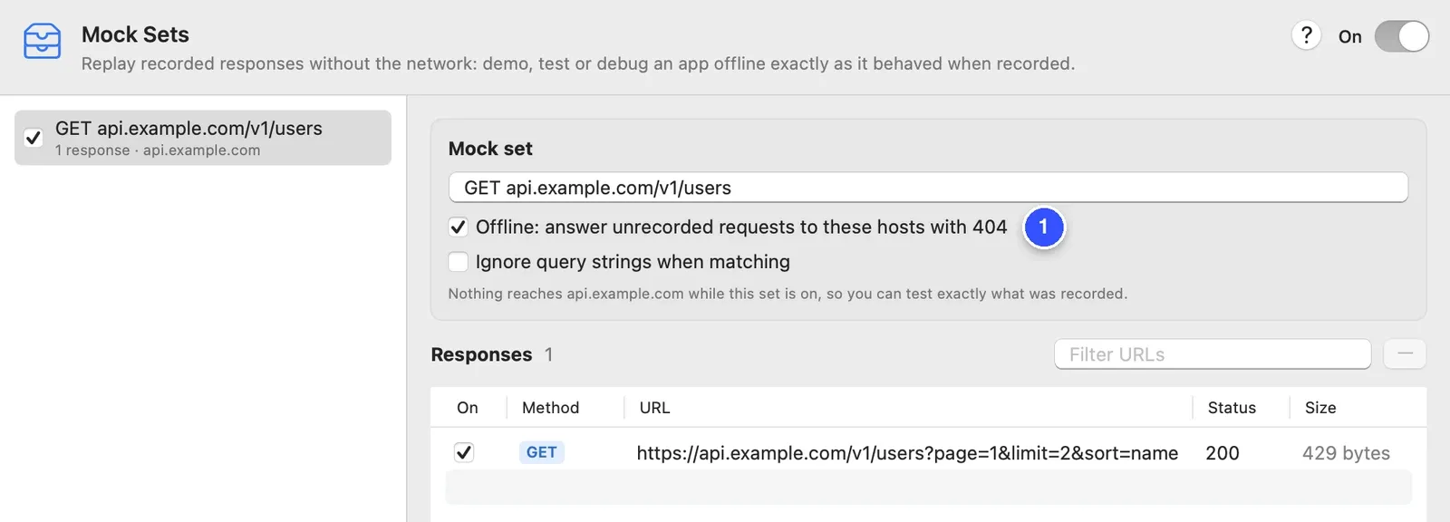 The Mock Sets window with a set named GET api.example.com/v1/users, the option Offline: answer unrecorded requests to these hosts with 404 marked 1, and one recorded response for https://api.example.com/v1/users?page=1&limit=2&sort=name with status 200