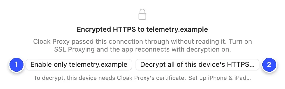 The inspector for an encrypted tunnel from a device to telemetry.example, with two buttons: Enable only telemetry.example, marked 1, and Decrypt all of this device's HTTPS, marked 2