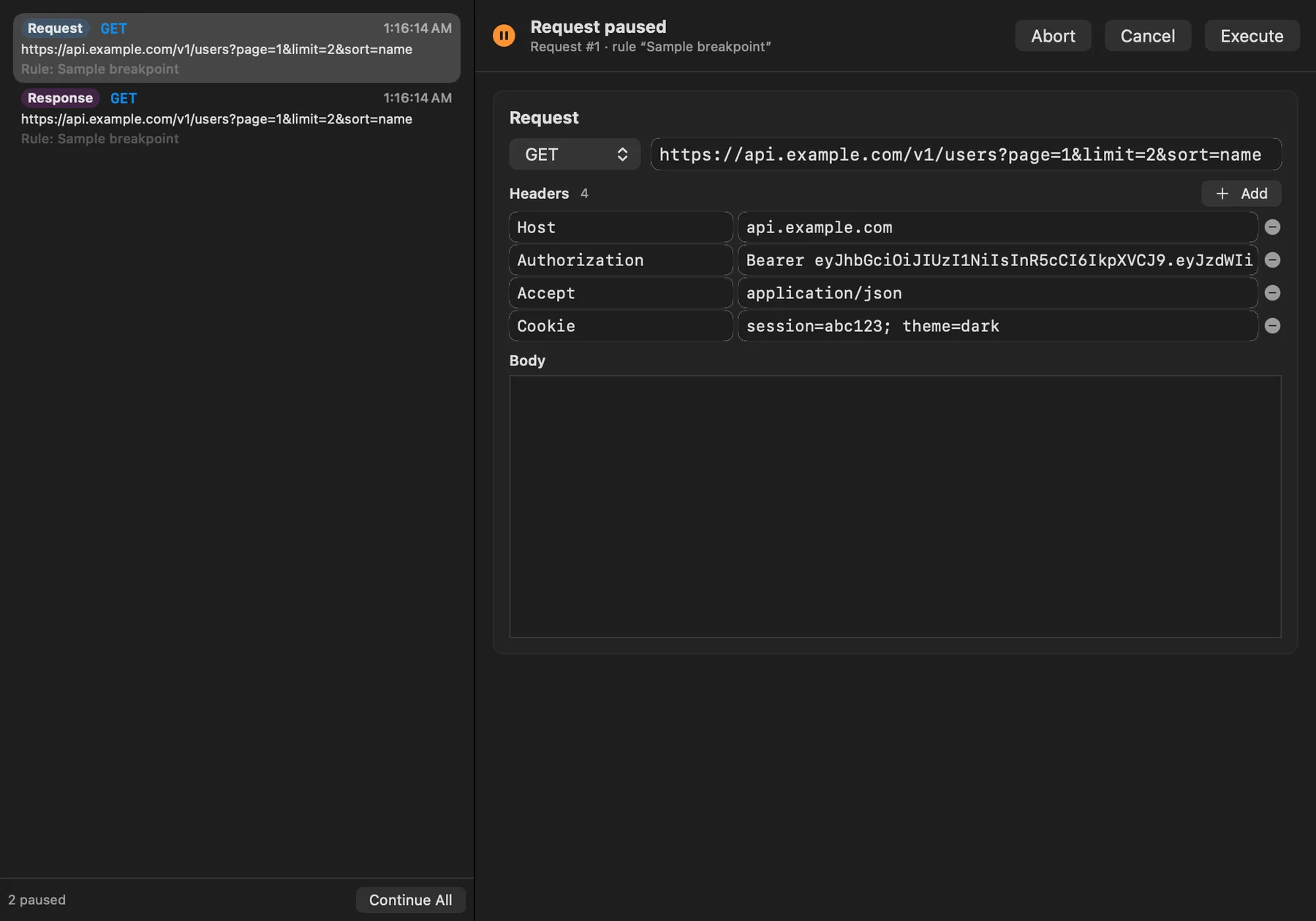 The Breakpoint window with a paused request ready to edit