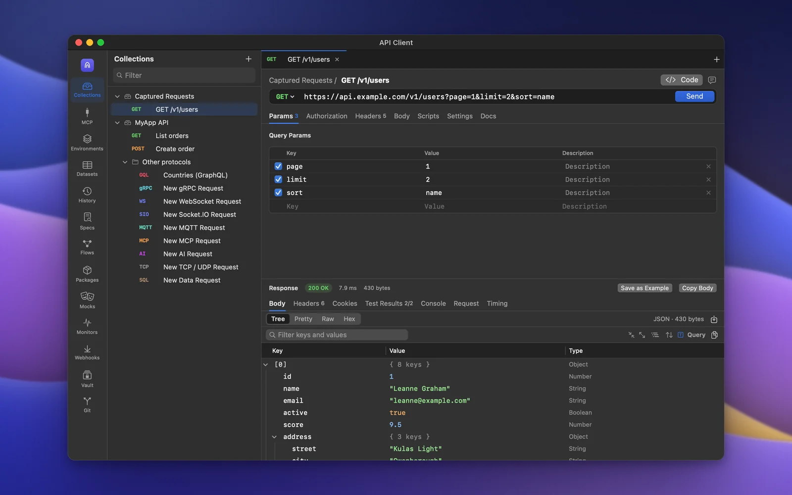 Cloak Proxy's built-in API client: a captured GET /v1/users request saved to a collection, with its query parameters and JSON response.