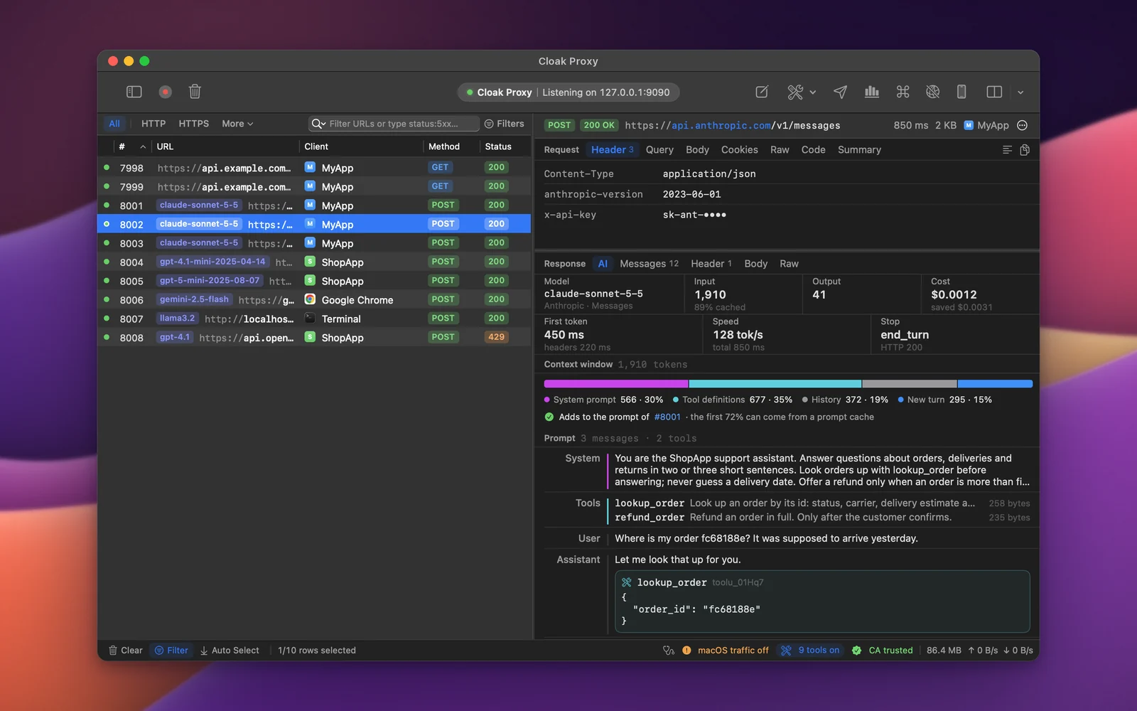Cloak Proxy's LLM Inspector on a Claude API call: model, input and output tokens, cost, time to first token, the context window by part, and the prompt's system text, tools and messages.