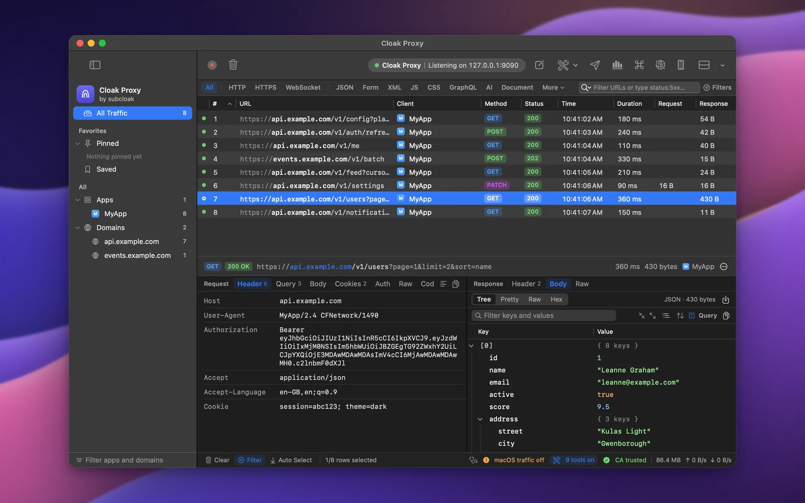 Cloak Proxy's main window on a Mac: HTTPS requests from MyApp to api.example.com in the traffic list, with the selected request's headers and JSON response in the inspector below.