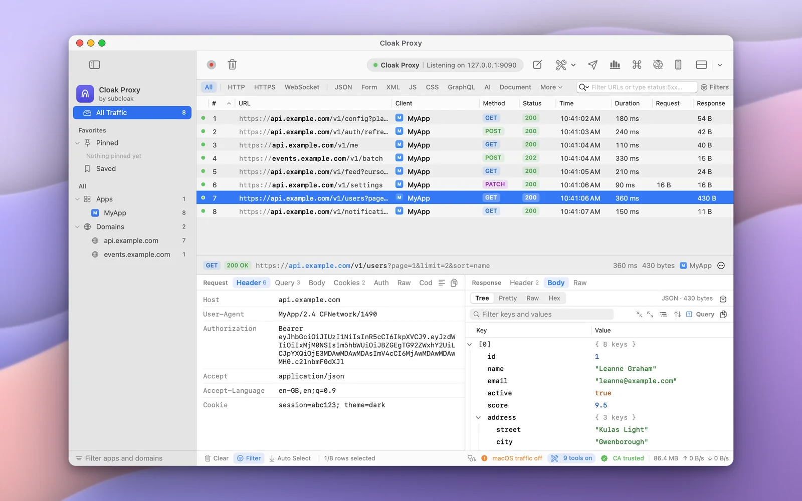 Cloak Proxy's main window on a Mac, in light mode: HTTPS requests from MyApp to api.example.com in the traffic list, with the selected request's headers and JSON response in the inspector below.