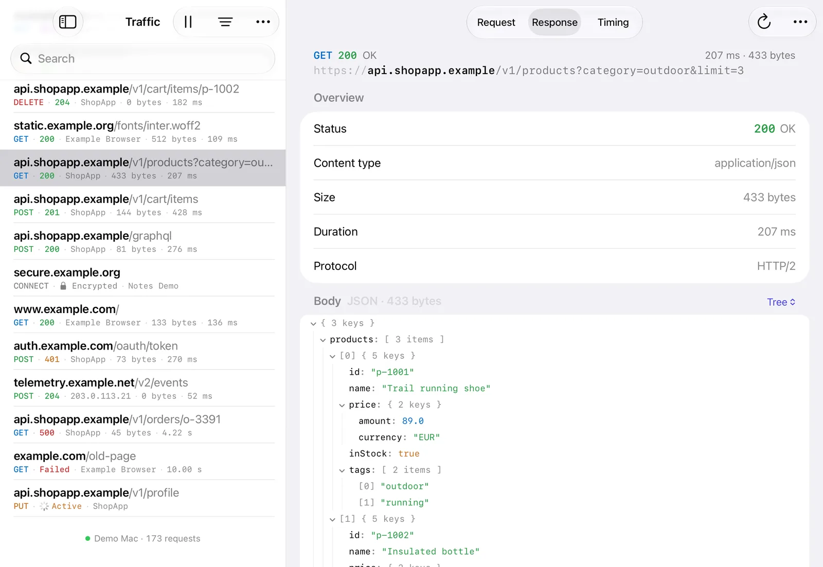 Cloak Proxy for iPad in landscape: the traffic list next to a JSON response open in the inspector