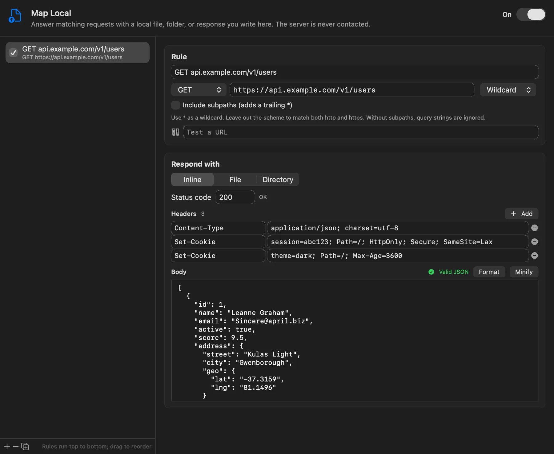 A Map Local rule answering a request with an inline JSON response