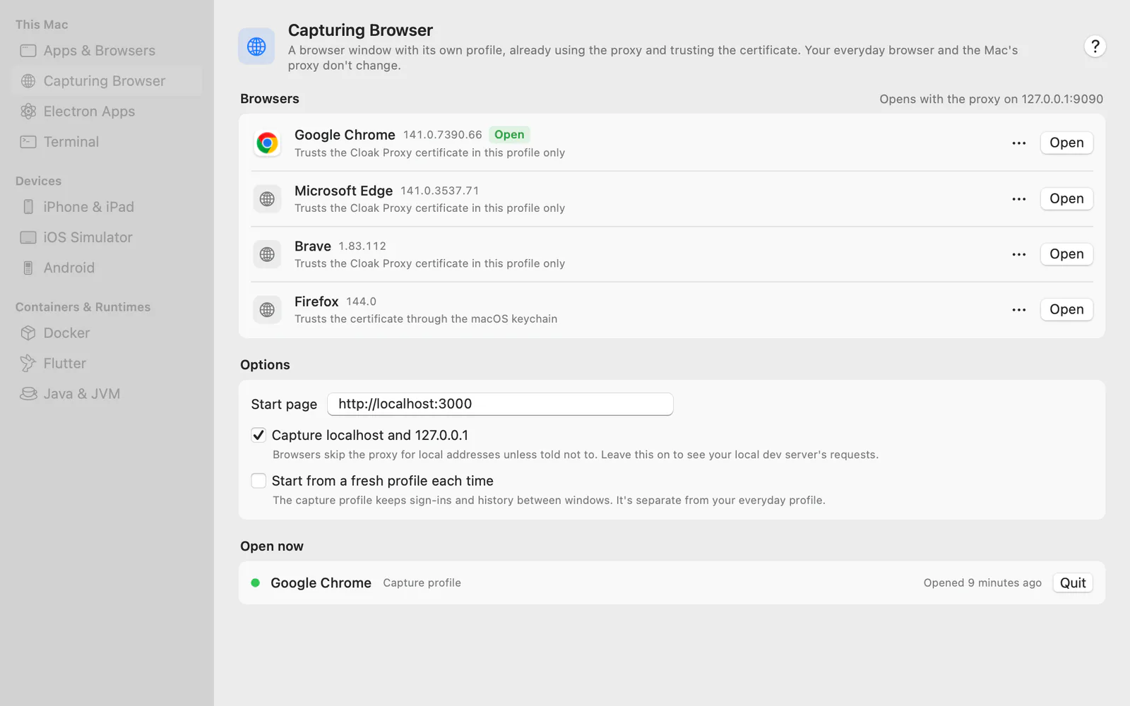 Device & Runtime Setup on the Capturing Browser page: Google Chrome, Microsoft Edge, Brave and Firefox, each trusting the Cloak Proxy certificate in its own profile, with a start page of localhost:3000 and one capture window open