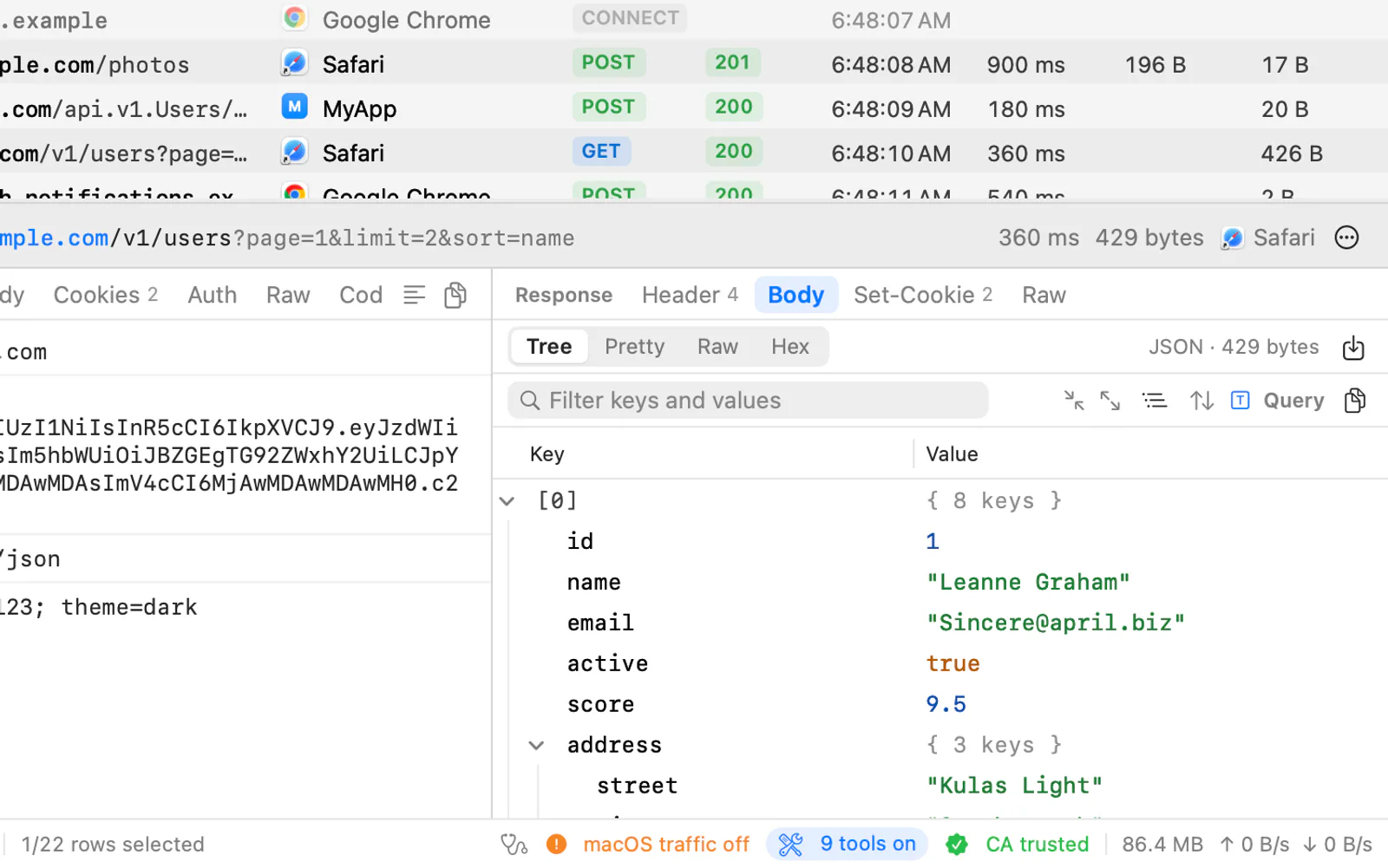 The response inspector showing a JSON body as a tree with keys, values and types