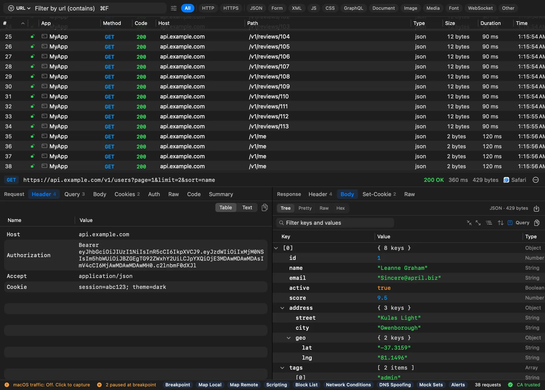 Cloak Proxy's traffic list with a decrypted JSON response open in the inspector