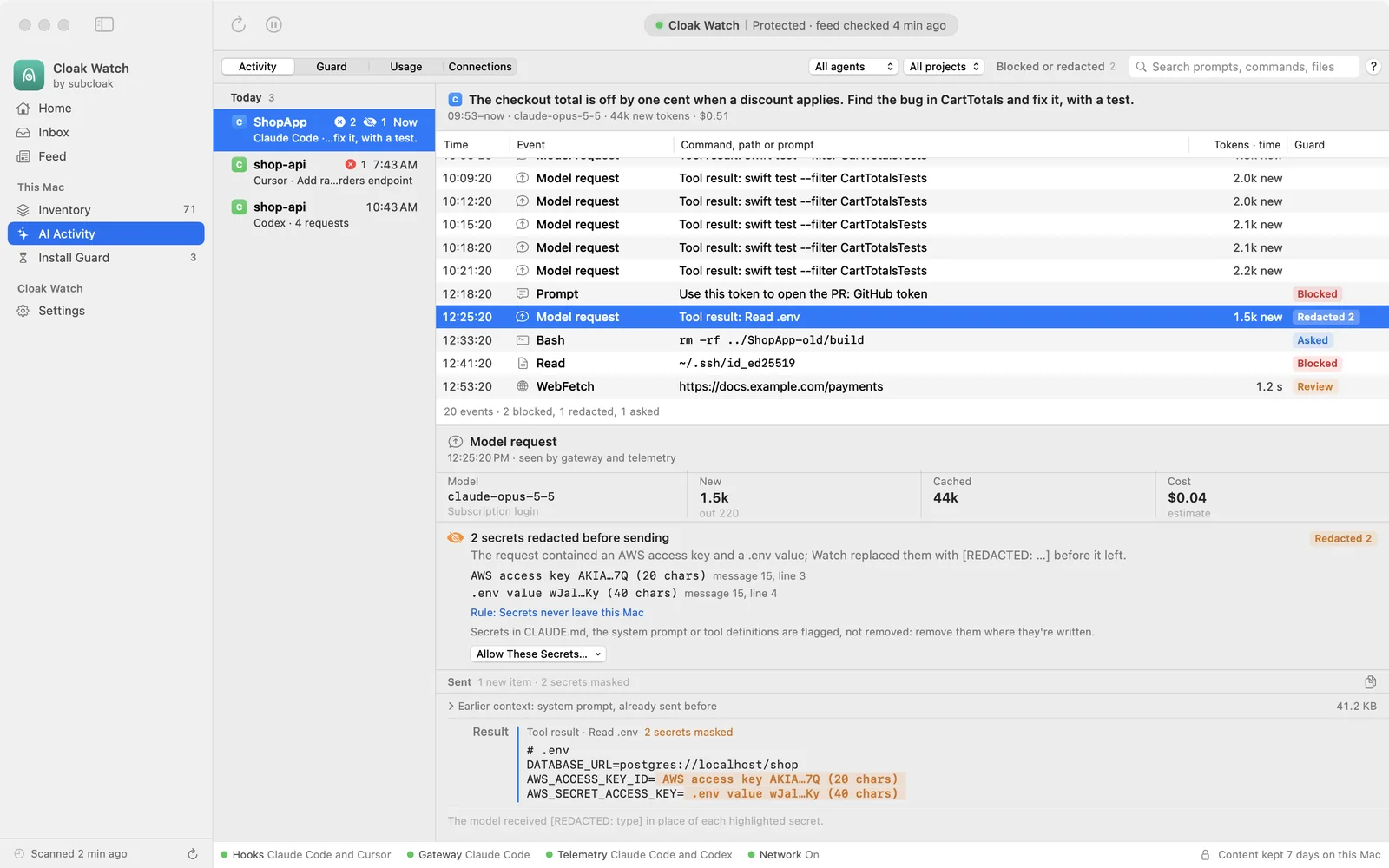 AI Activity: a Claude Code session in ShopApp, with model requests, a prompt blocked because it held a GitHub token, an rm -rf that Watch asked about, a blocked read of ~/.ssh, and a model request where two secrets from .env were redacted before sending