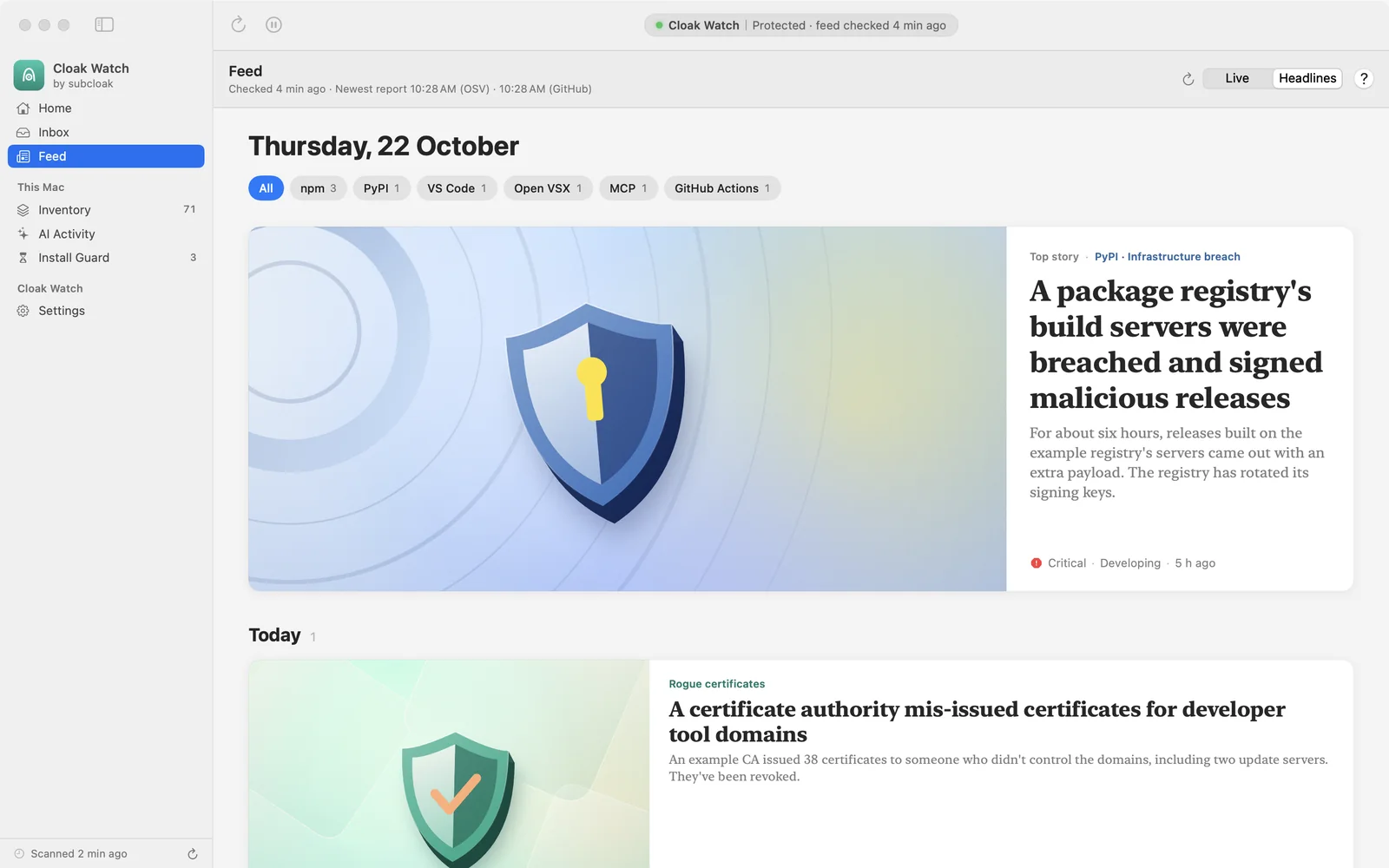 Feed › Headlines: today's top story, “A package registry's build servers were breached and signed malicious releases”, with a cover drawn by the app, filters for npm, PyPI, VS Code, Open VSX, MCP and GitHub Actions, and a second story about mis-issued certificates