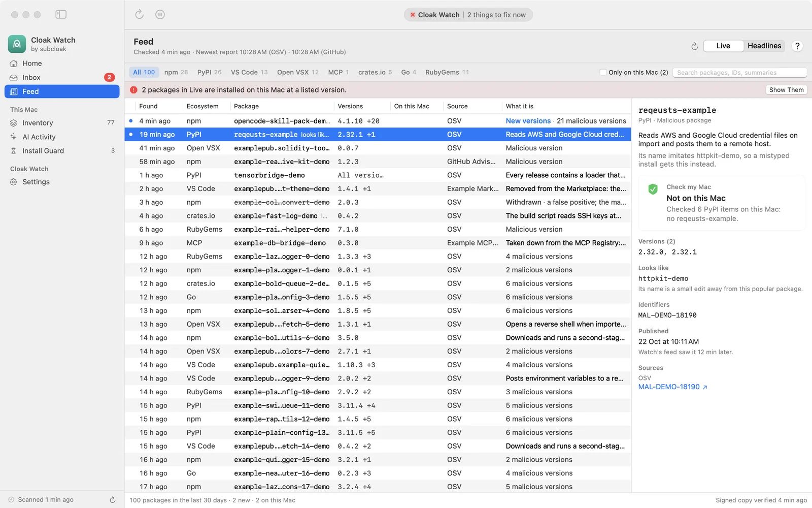 Feed › Live: a table of newly found malicious packages with when they were found, ecosystem, package, versions, source and what each does; a banner says 2 packages in Live are installed on this Mac, and the inspector shows a typosquat that reads cloud credentials, checked as not on this Mac