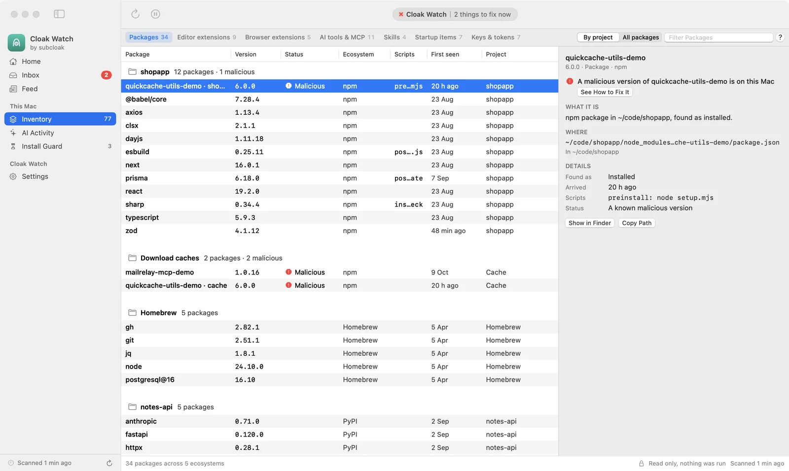 Inventory: packages grouped by project and cache with version, status, ecosystem and first seen; the malicious quickcache-utils-demo 6.0.0 is selected and the inspector shows where it is, its install script and how to fix it