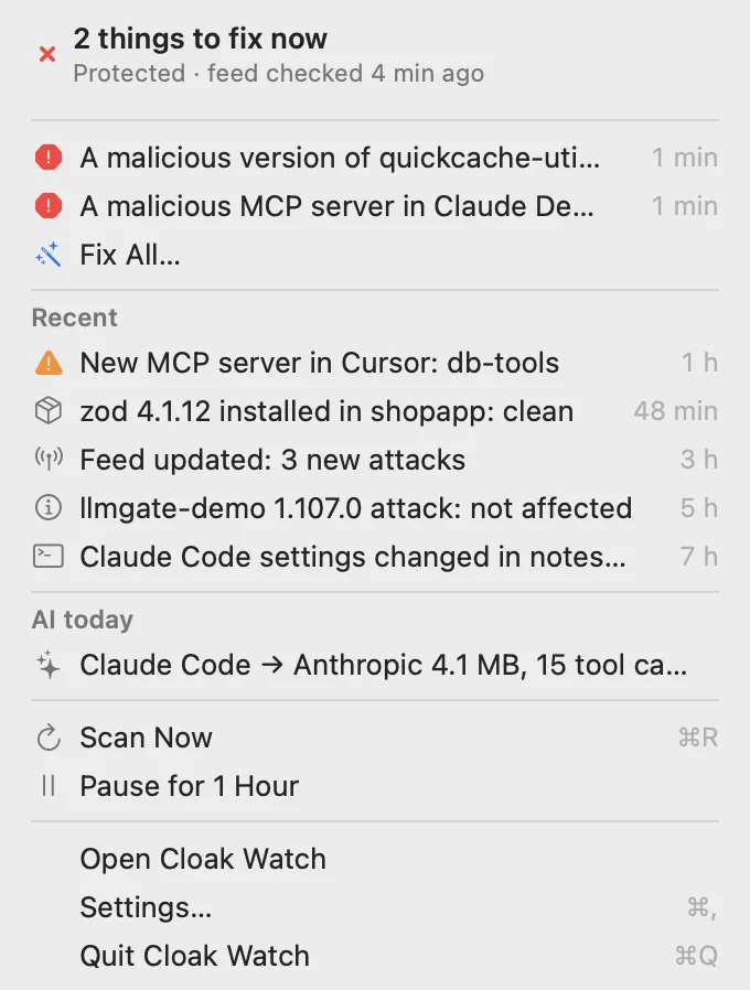 Cloak Watch's menu bar window: two things to fix now, with Fix All