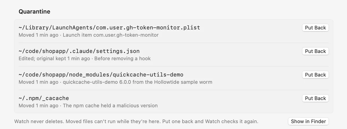 Settings › Quarantine: the launch agent, the edited Claude Code settings with the original kept, the package folder and the npm cache, each with Put Back; “Watch never deletes. Moved files can't run while they're here.”